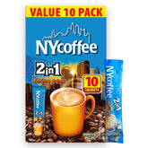 The packaging of NY Coffee - 2in1 Instant Coffee (10 Sachets) - 100g showcases a vibrant blue and yellow design with an image of a coffee cup against a cityscape background, accompanied by a "Value 10 Pack" label for easy on-the-go convenience. Each pack contains 10 sachets.
